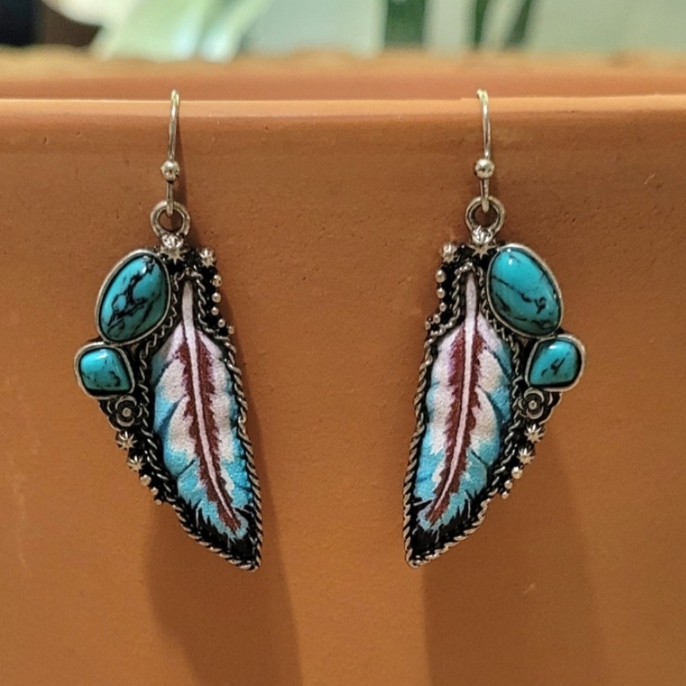 Native Turquoise And Red Southwest Feather Earrings New